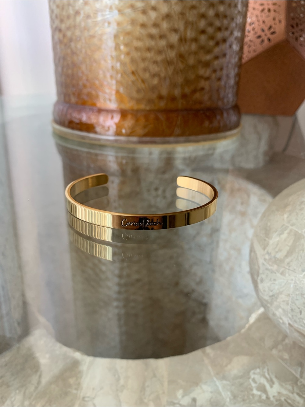 Gold Engraved Cuff Bracelet - "Cariad Bach"